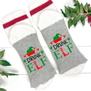 Funny Drunk Elf Gray and White Socks